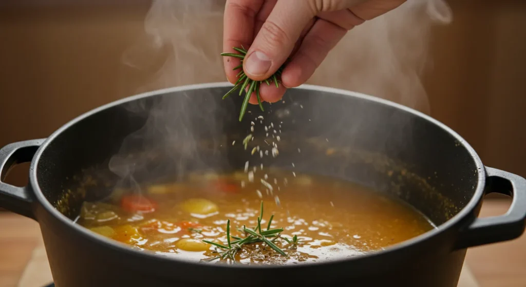 A hand sprinkling herbs into a pot of easy swamp soup.