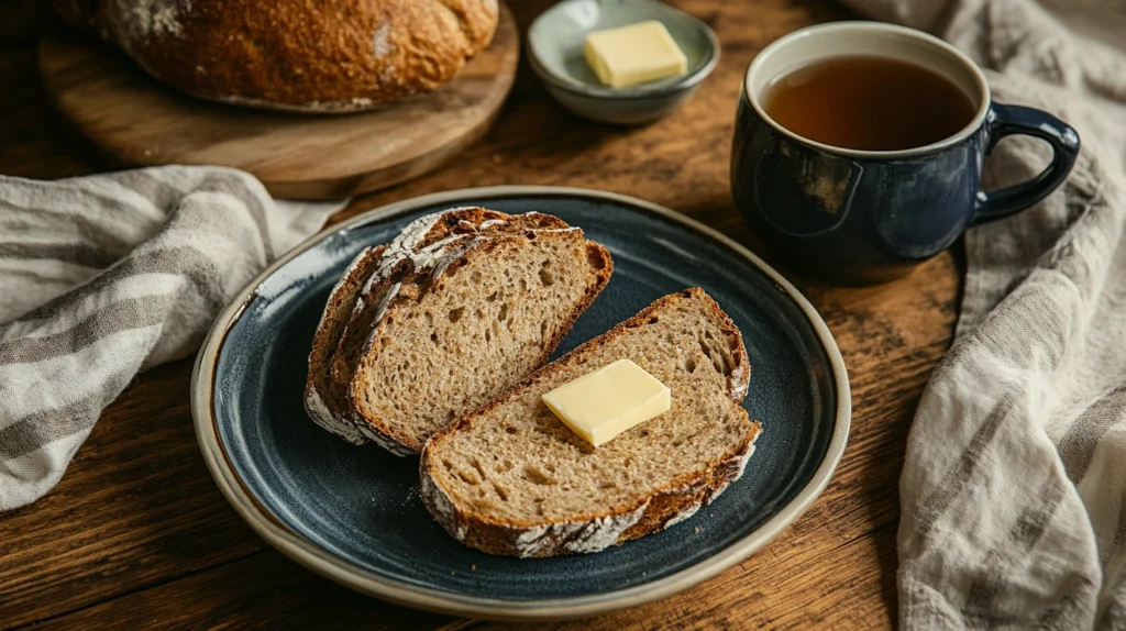 Slices of oat molasses bread on a plate with butter, served with a bowl of hearty soup and a cup of tea.