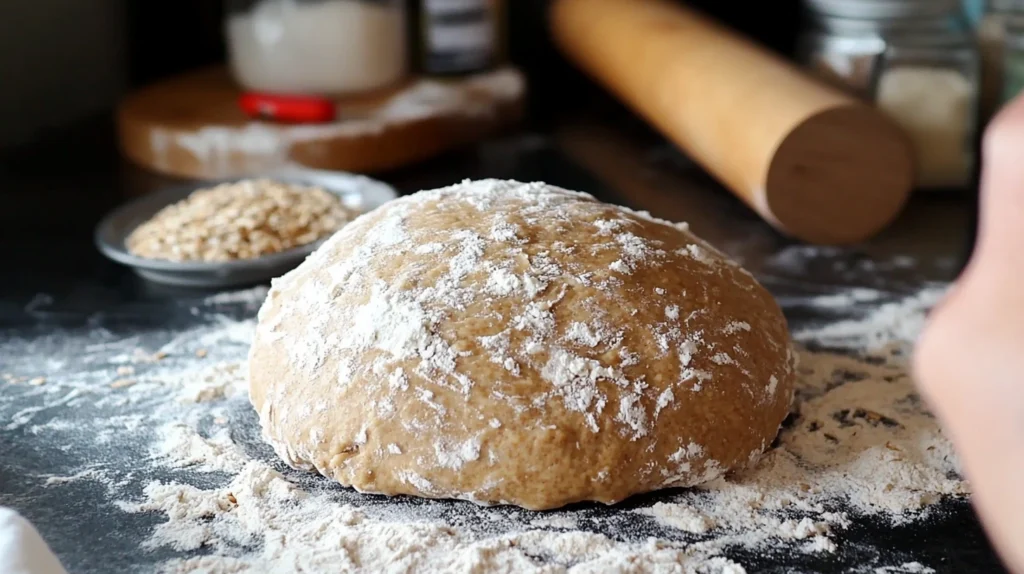 Hands kneading oat molasses bread dough on a floured surface with a rolling pin and ingredients in the background.