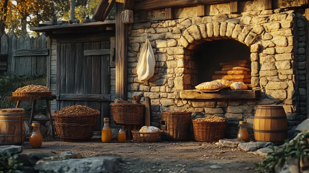 New England settlers baking bread in a stone oven with baskets of oats and jars of molasses nearby.