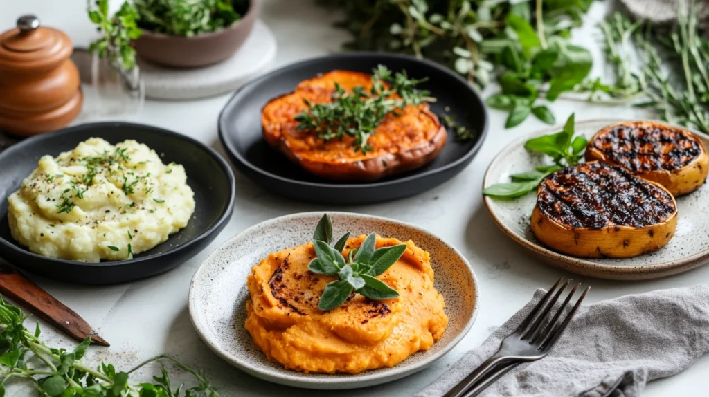 Four cooking methods for white sweet potatoes: roasted, mashed, grilled, and fried.