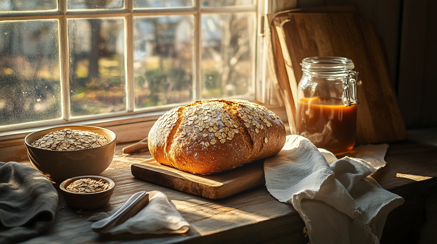 A loaf of oat molasses bread on a wooden cutting board, surrounded by molasses, oats, and a cloth napkin in a cozy Maine kitchen.