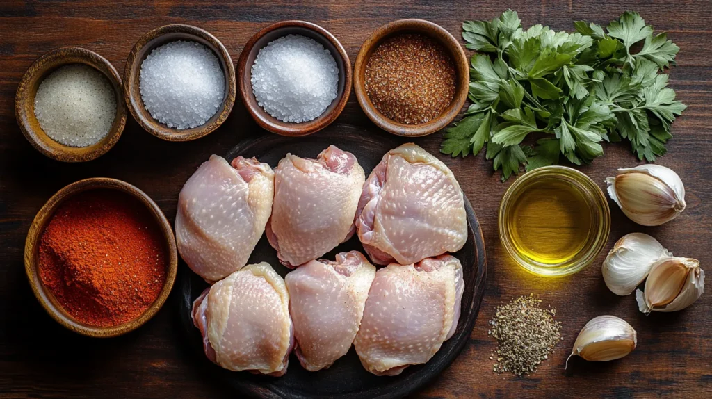 Ingredients for Galena chicken recipe, including chicken, spices, and olive oil on a wooden surface