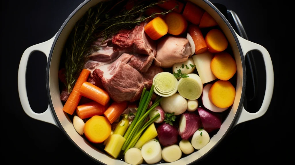 Close-up of ingredients like onions and meat browning in a pot, highlighting golden caramelization and steam.