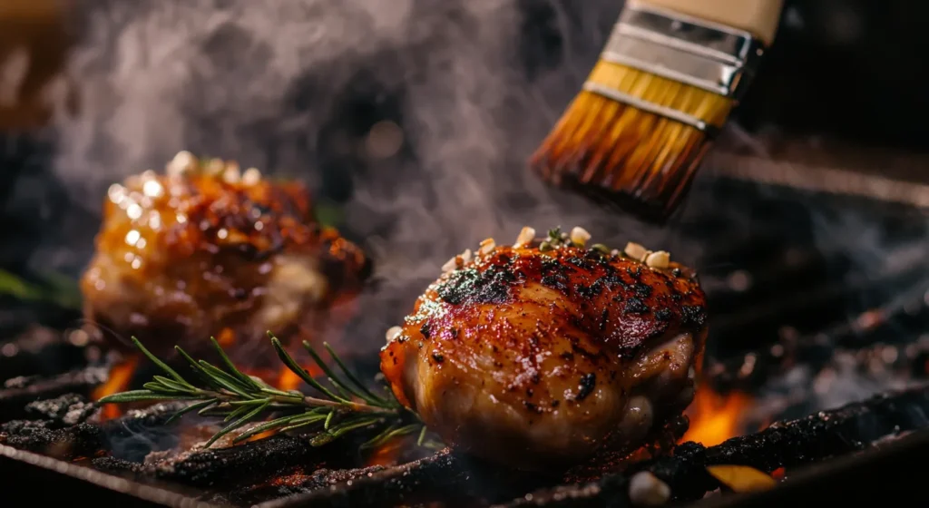 Chicken thighs grilling with smoky char marks and a basting brush in action