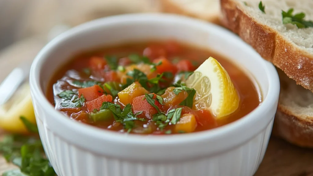 Chopt soup with fresh summer vegetables, including zucchini, tomatoes, and basil, served in a white bowl.