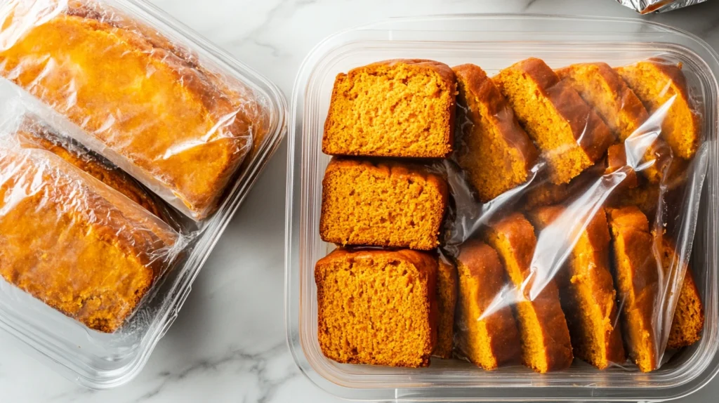 Sweet potato bread slices stored in an airtight container and a freezer bag for freshness.