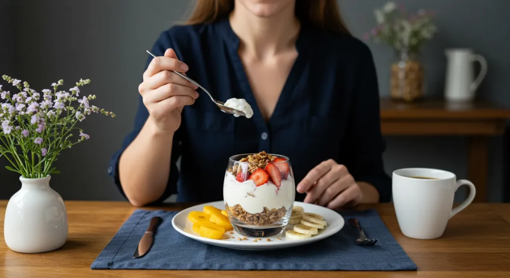 Enjoying a Greek Yogurt Parfait with Granola and Fruit