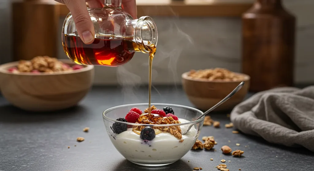  Pouring maple syrup over Greek Yogurt Parfaits with Granola and Fruit