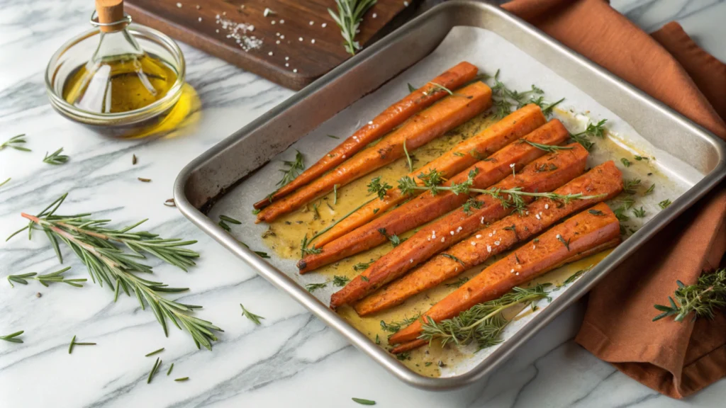 Roasted frozen carrots on a baking sheet, garnished with rosemary and thyme for a caramelized finish.