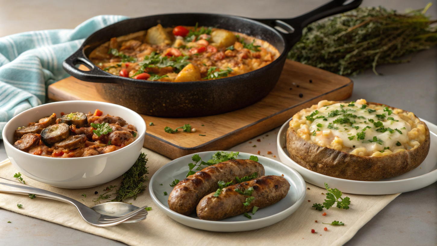 An assortment of ground sausage dishes on a dinner table, including skillet meals, stuffed potatoes, and soup, styled with fresh herbs.