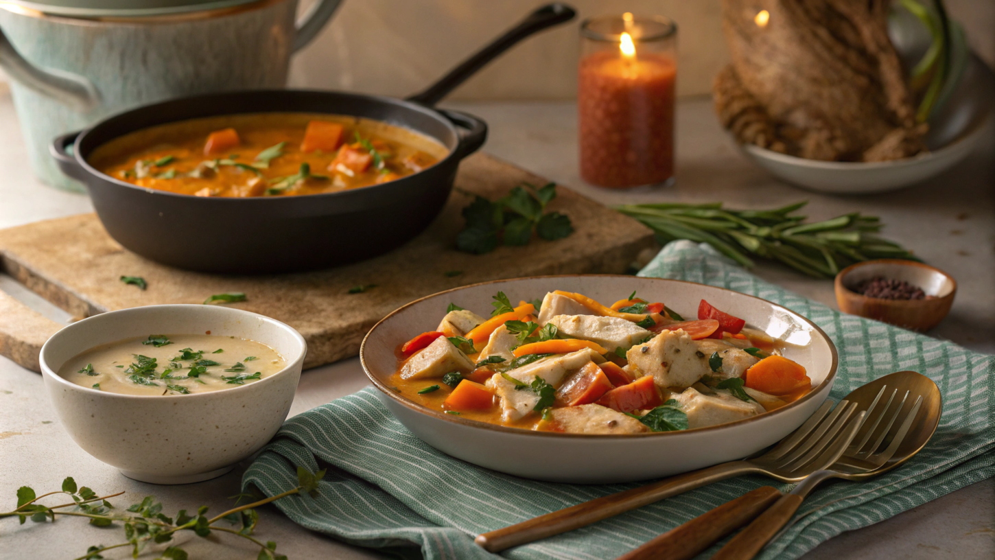 Single-serving meals including creamy chicken skillet, carrot soup, and stir-fry, arranged on a rustic table.