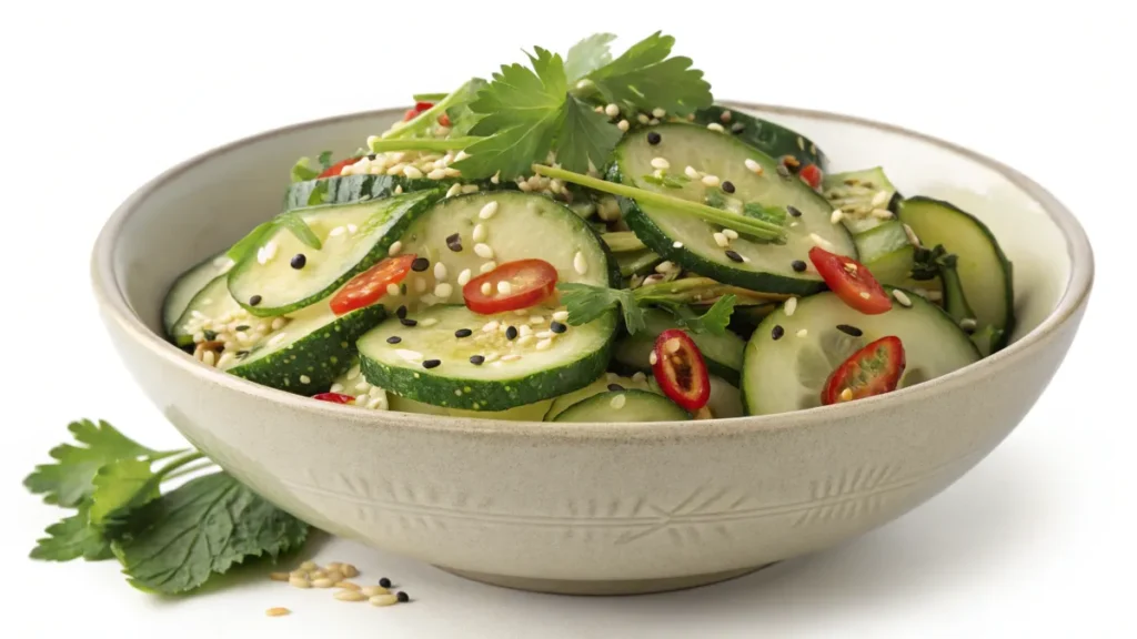 A bowl of Din Tai Fung cucumber salad recipe with slices of cucumber, sesame seeds, and fresh herbs.