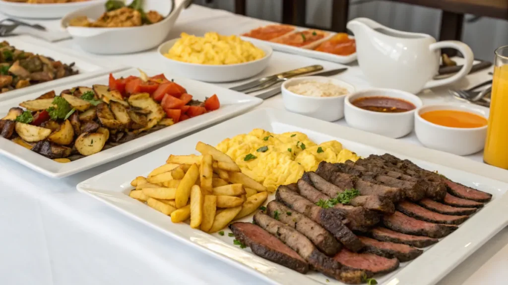  Buffet-style breakfast spread with steak, fries, eggs, and roasted vegetables.