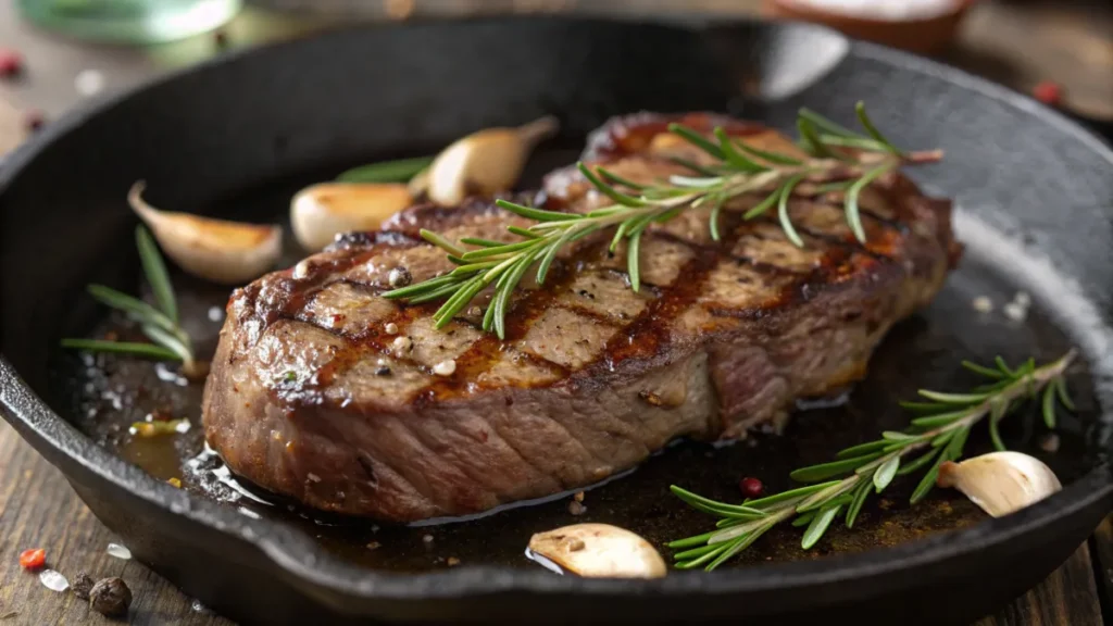 Perfectly cooked medium-rare steak with rosemary and garlic.