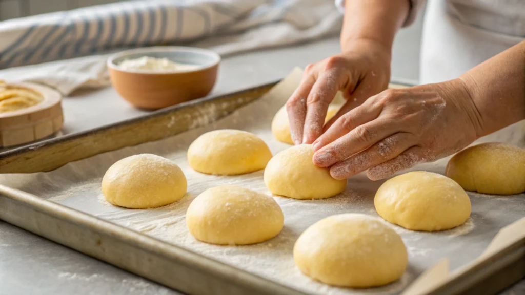 Hands shaping dough into rolls on a floured surface, with a parchment-lined baking tray nearby.