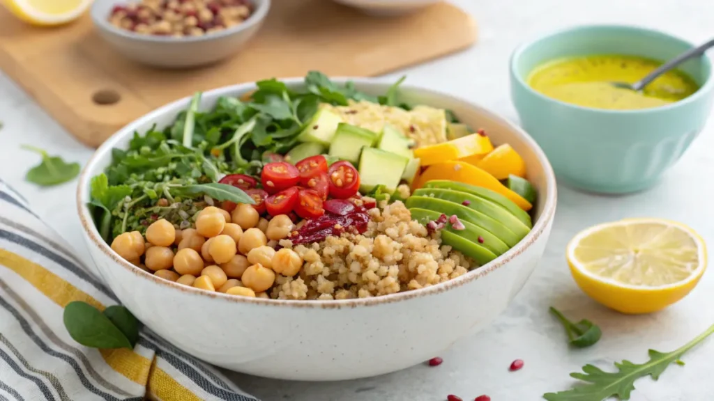 Grain bowl with chickpeas, quinoa, and arugula.