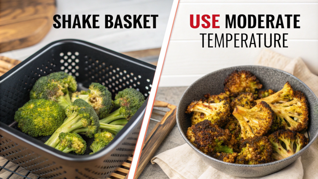 Comparison of burnt broccoli versus perfectly air-fried broccoli, highlighting tips for avoiding common air fryer issues