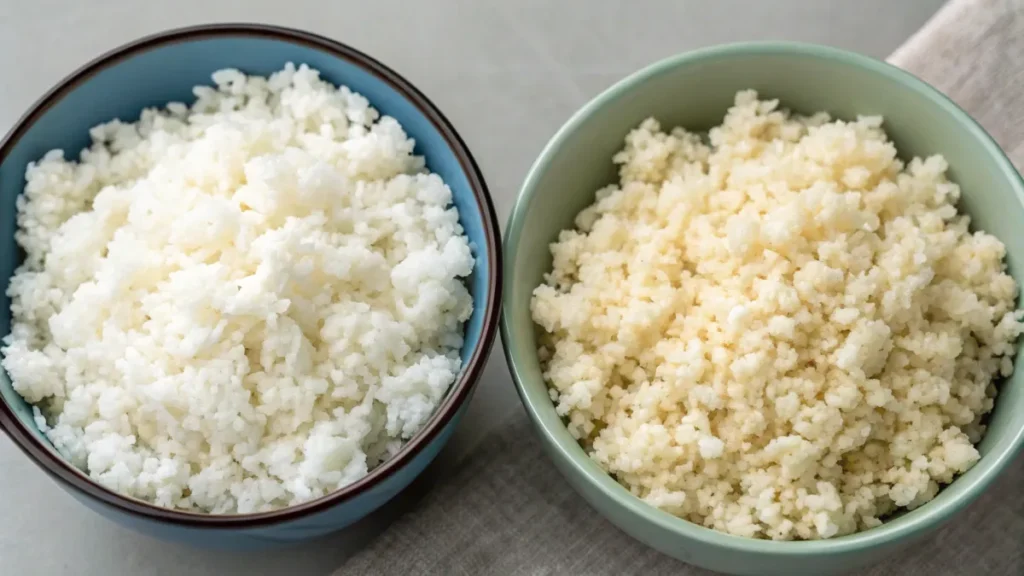 Cooked white rice and cauliflower rice comparison