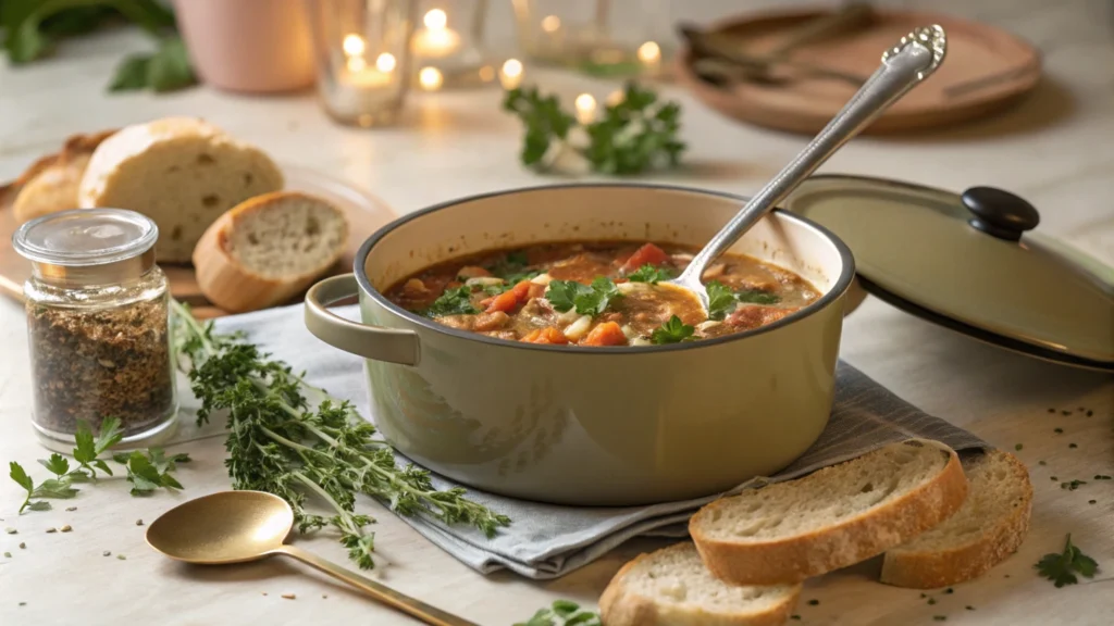 A finished one-pot meal in a pot with a ladle, accompanied by fresh herbs and bread slices on a rustic table.