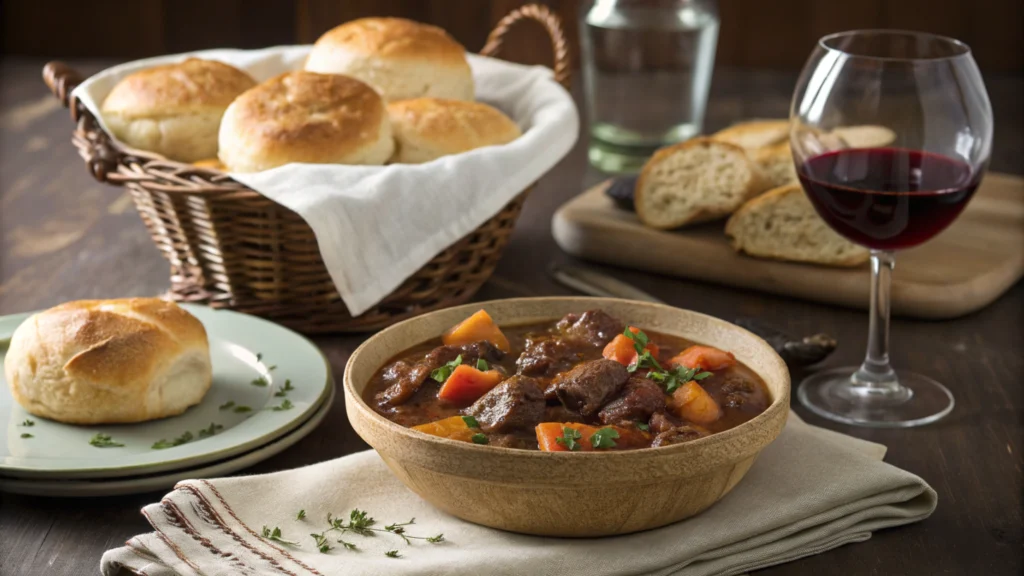 Basket of warm no-yeast dinner rolls served with a hearty stew and a glass of red wine on a rustic table.