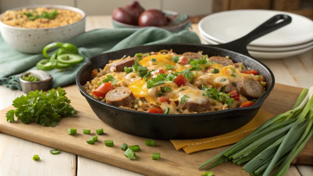 Skillet with cheesy sausage and rice, topped with melted cheese, surrounded by fresh vegetables on a wooden counter.