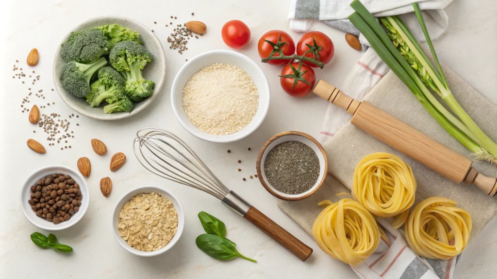 easy gluten-free dinner recipes for family. Flat lay of gluten-free cooking essentials, including almond flour, quinoa, and kitchen tools, styled on a white countertop. 