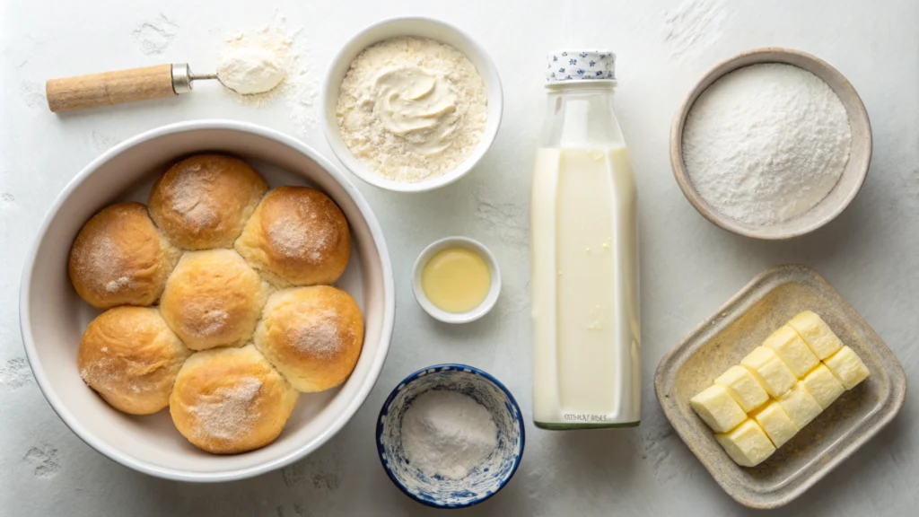 Flat lay of no-yeast dinner roll ingredients, including flour, milk, baking powder, melted butter, and salt.