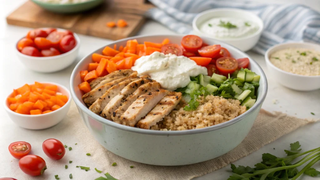 Fresh grain bowl with vegetables, grilled chicken, and dressing, highlighting an easy no-cook dinner option.