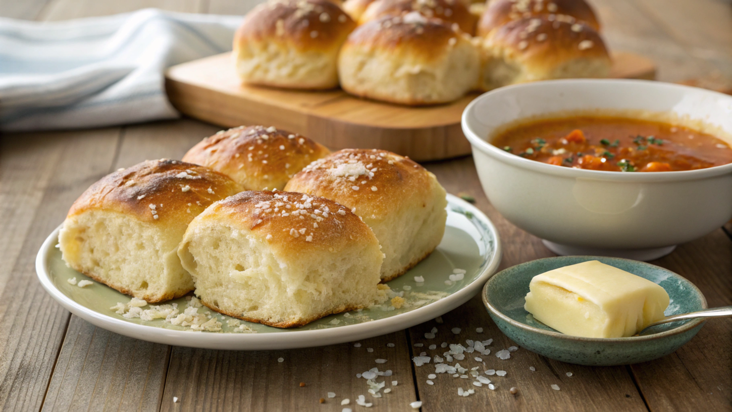 Golden no-yeast dinner rolls brushed with butter and sprinkled with sea salt, served with soup on a rustic table