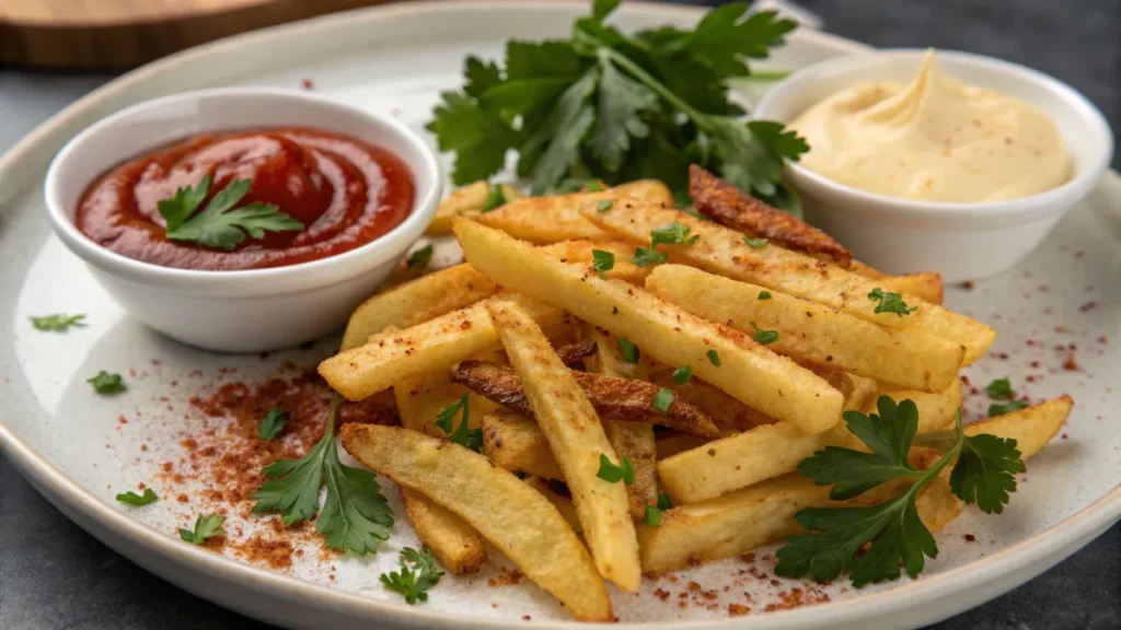 Golden crispy fries seasoned with paprika and parsley.