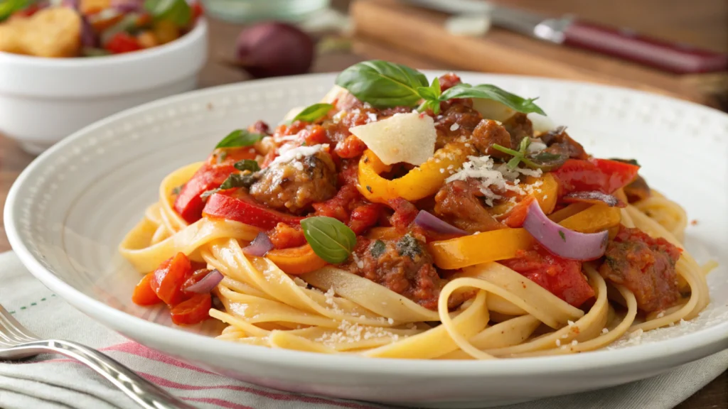 Plate of pasta with ground sausage, bell peppers, onions, and tomato sauce, garnished with basil and Parmesan.