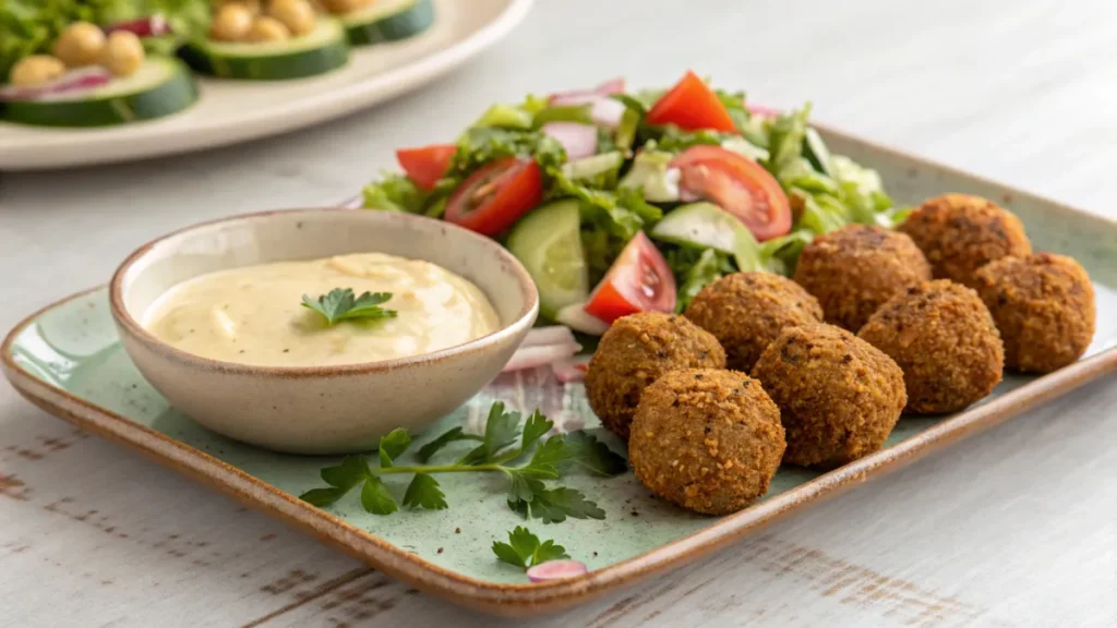 A platter of crispy falafel balls served with a small bowl of tahini sauce and a side of fresh salad.