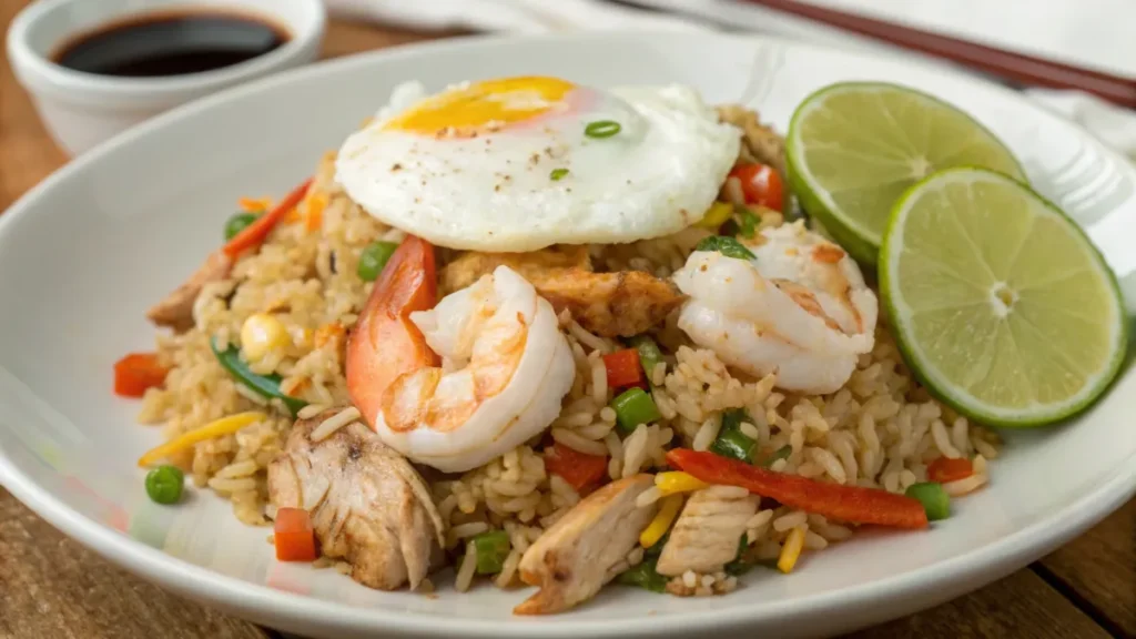 A plated serving of fried rice with egg, chicken, and shrimp garnished with lime wedges