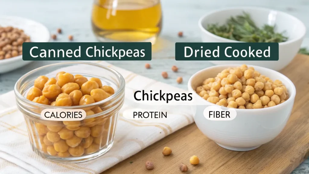  side-by-side view of canned chickpeas and dried cooked chickpeas in bowls, with a table overlay showing nutritional differences.