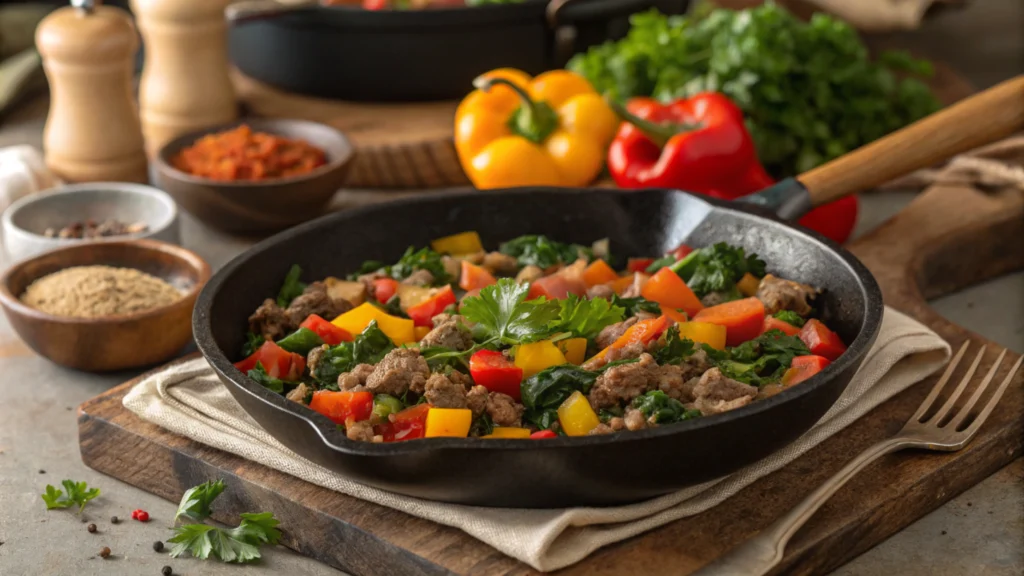 Sizzling skillet with ground sausage and colorful vegetables, garnished with parsley, perfect for quick dinners.