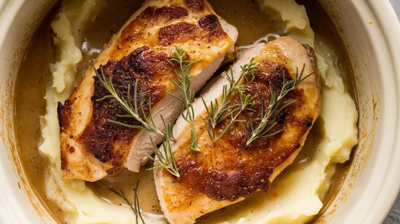 Crock pot with frozen chicken breasts and BBQ sauce