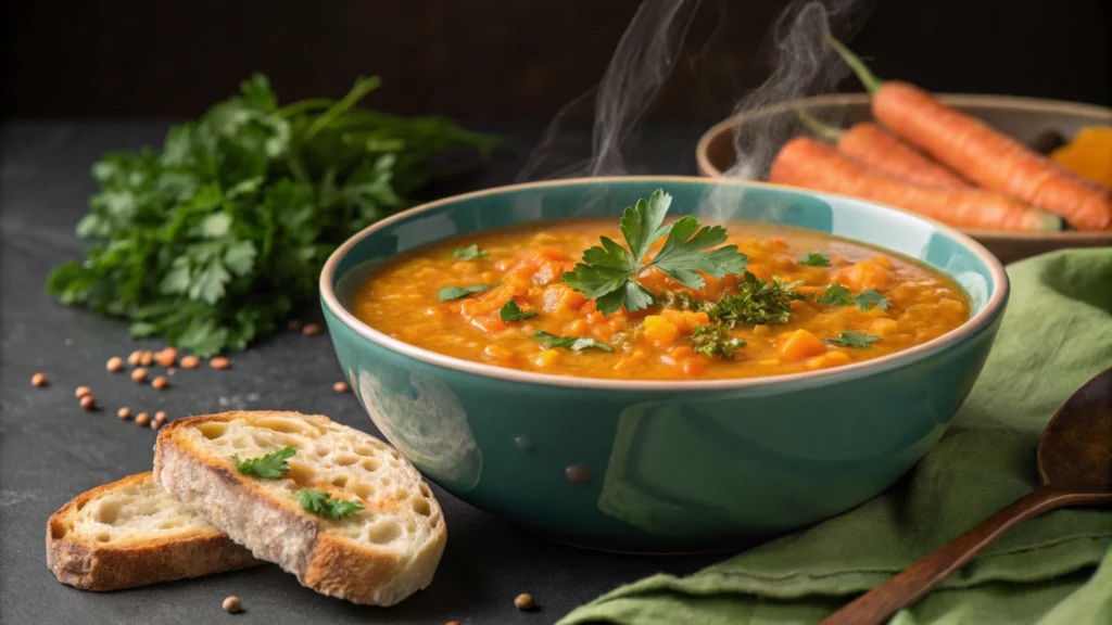 Steaming bowl of carrot and lentil soup garnished with parsley, served with crusty bread.