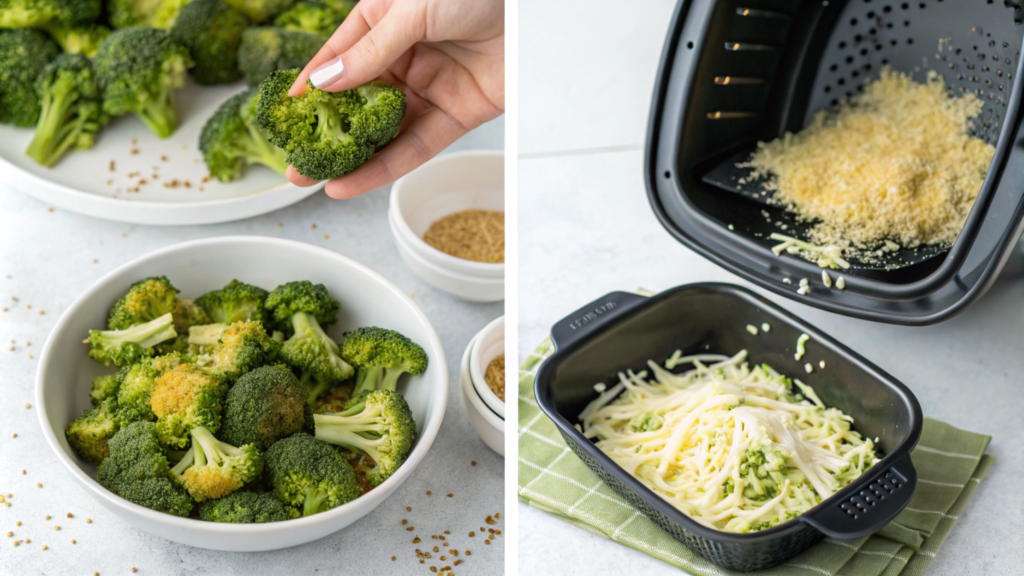 Step-by-step process of making broccoli and cheese in an air fryer, from seasoning broccoli to melting cheese