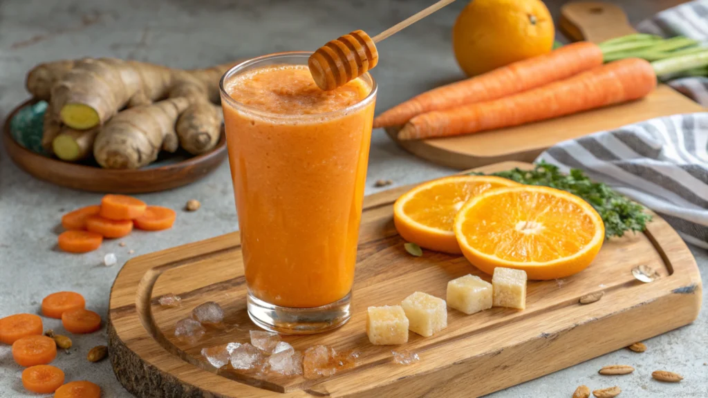 Carrot and orange smoothie in a glass, topped with honey and surrounded by fresh ginger and frozen carrots.