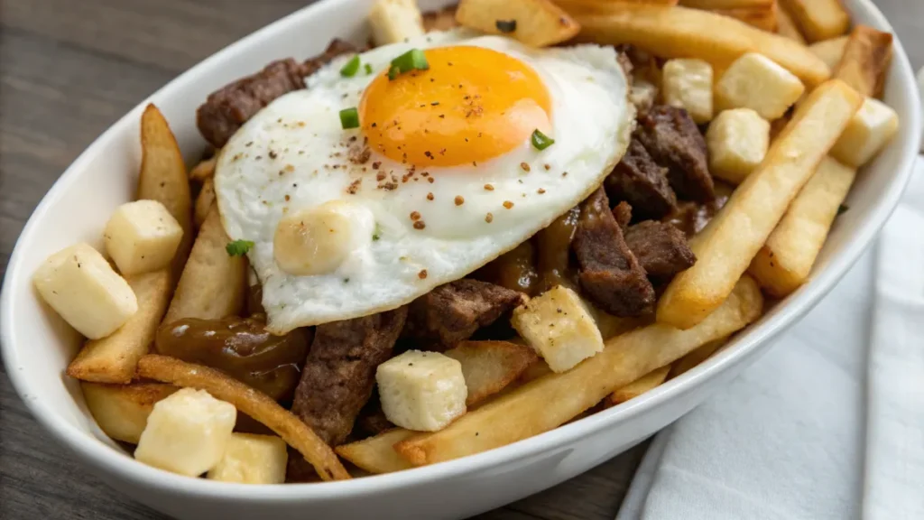 Breakfast poutine with fries, steak, cheese curds, and a fried egg.