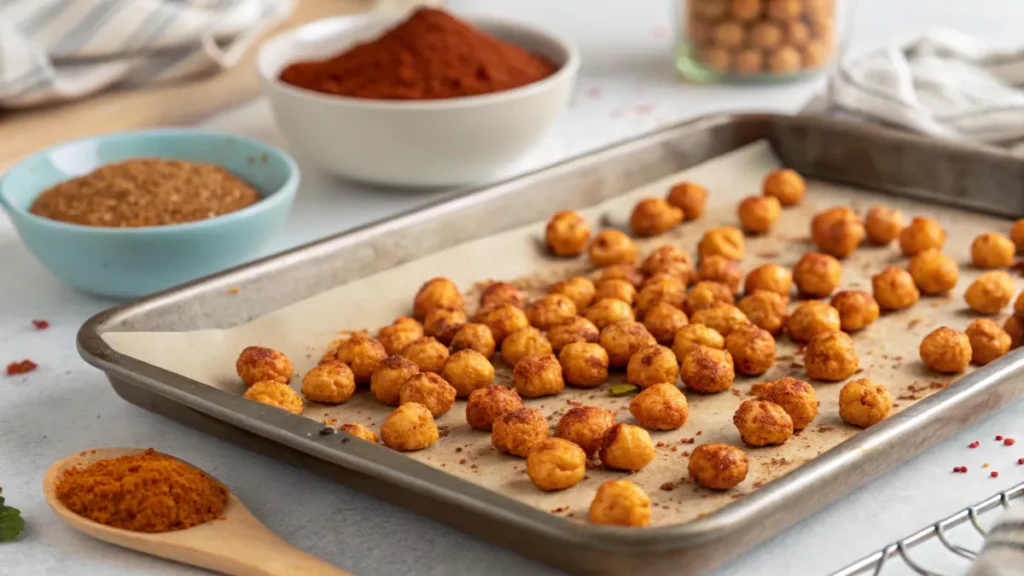 Roasted chickpeas on a baking tray with spices.