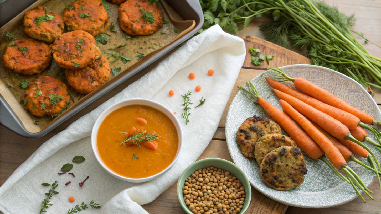 An assortment of dishes made with frozen carrots, including soup, roasted carrots, and fritters, styled with fresh herbs on a rustic table.