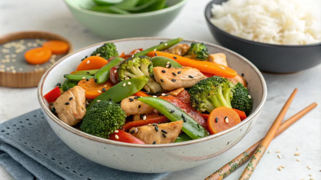 Chicken stir-fry with colorful vegetables and sesame seeds, served with steamed rice.