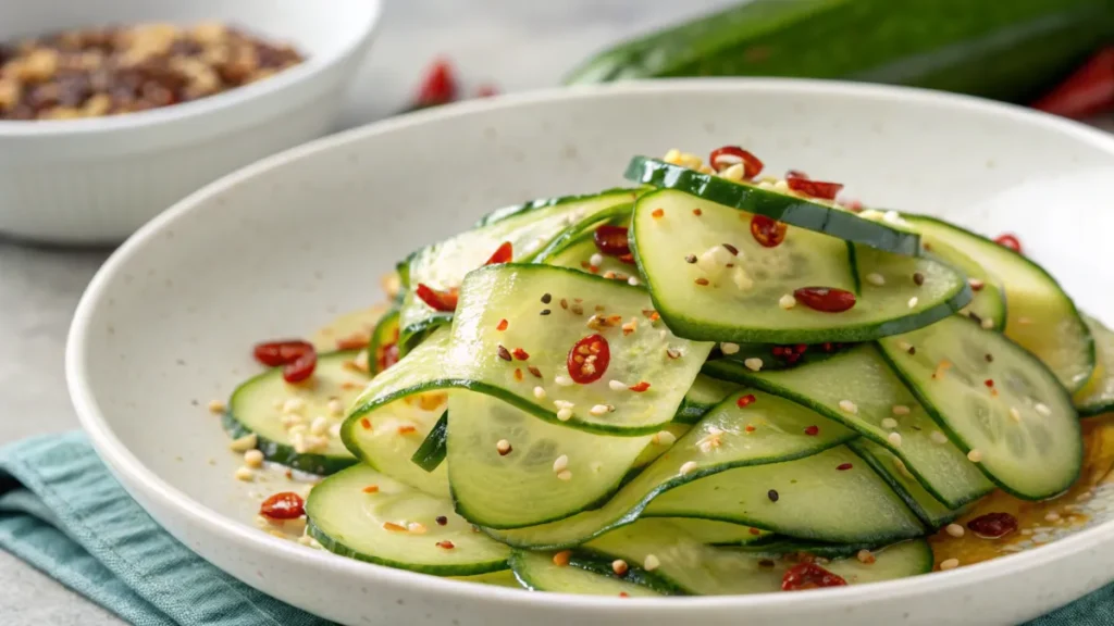 A vibrant, close-up shot of a Din Tai Fung cucumber salad recipe, with cucumbers, sesame oil, and chili flakes.