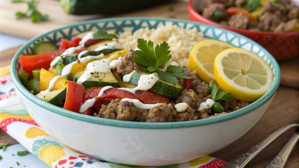 Mediterranean sausage bowl with roasted veggies, quinoa, and yogurt dressing, garnished with parsley and lemon.