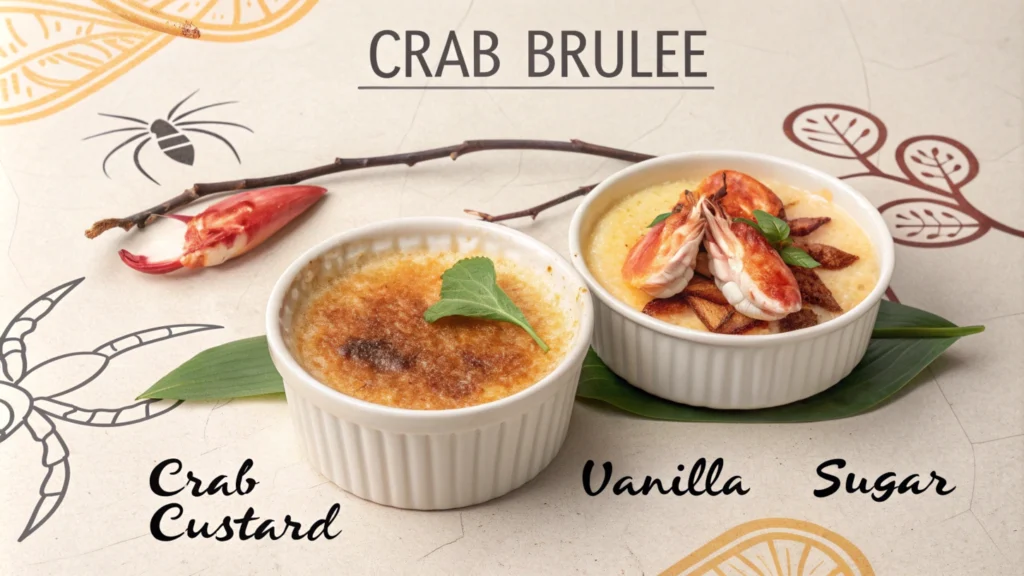 Illustrated breakdown of crab brulee, showing custard, caramelized sugar, and layers of crab meat with labeled ingredients.