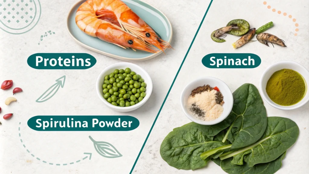 Infographic illustrating essential nutrients for aquarium fish, including proteins, vegetables, and supplements.