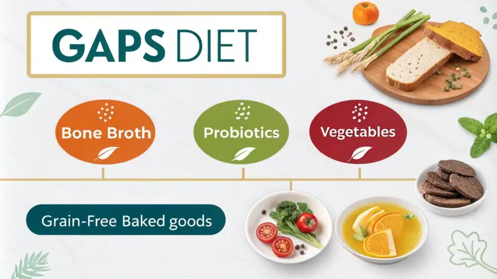 Infographic highlighting key principles of the GAPS diet, including bone broth, probiotics, and grain-free foods.