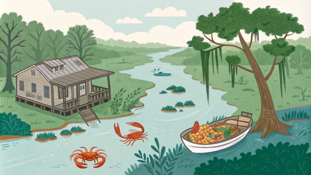 An illustration of Louisiana’s bayou with a small Cajun shack and seafood elements like shrimp and crab.